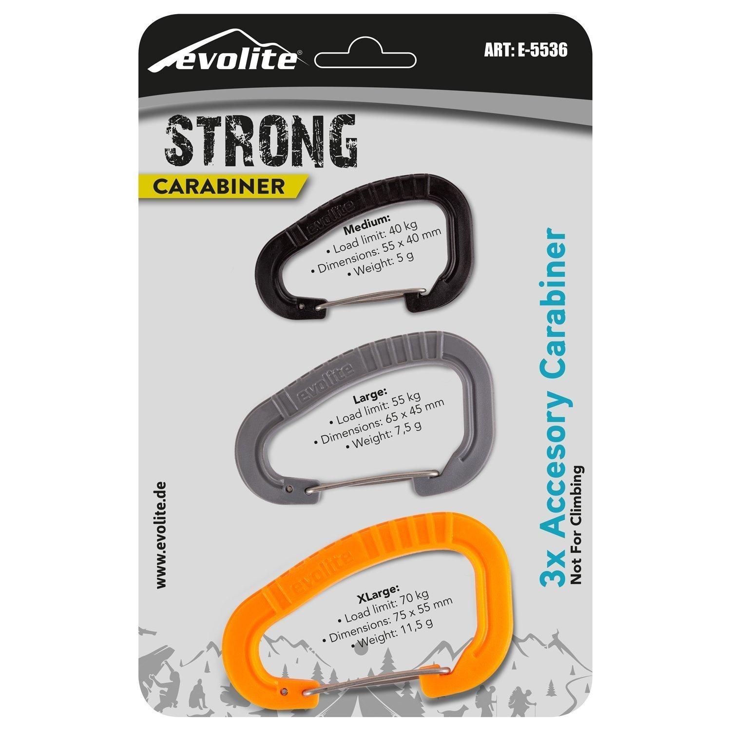 Evolite Strong Carabiner Set Of 3 - Orange/Grey/Black